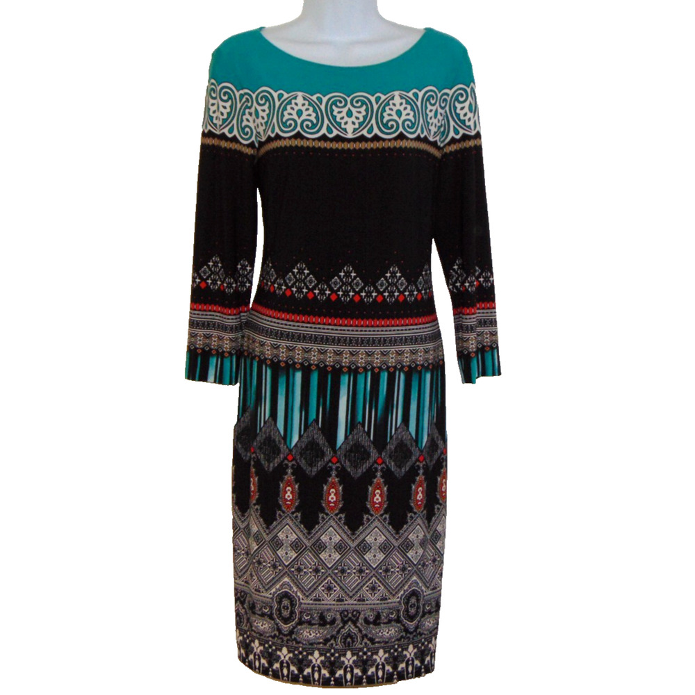 Cache Womens M Teal Black Border Print 3/4 Sleeve Lined Stretch Sheath Dress